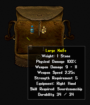 The backpack showing a knife's tooltip