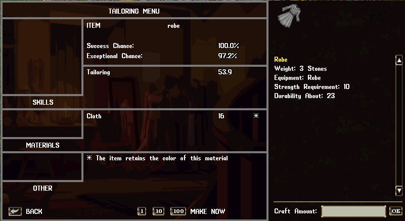 The crafting gump item info page for a robe