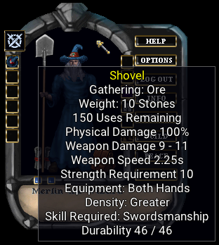 The tooltip of a shovel indicating it gathers ore
