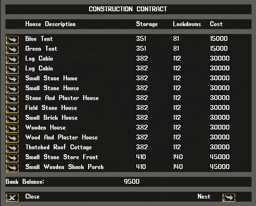 A list of house templates that can be purchased