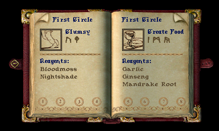 The spellbook gump showing Clumsy and Create Food spells