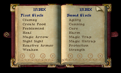 The spellbook gump showing the first and second circle spells
