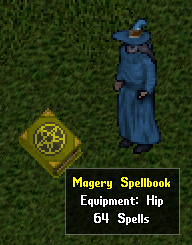 A spellbook's tooltip indicating it is worn on the hip and contains 64 spells