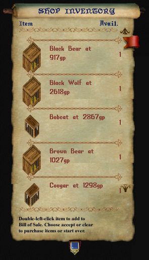 A vendor's inventory showing all the animals they are selling