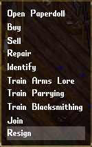 The context menu of a guildmaster showing the Resign option